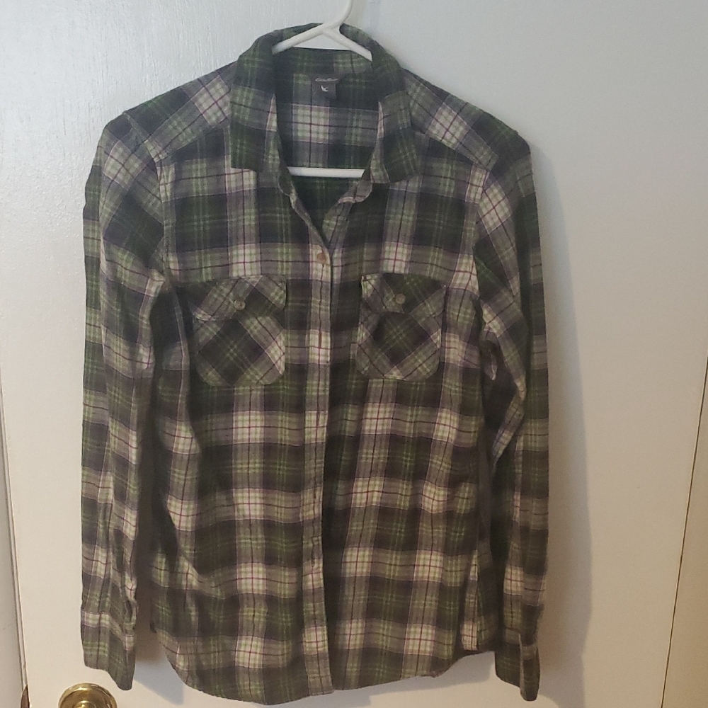 Green and White Plaid Button-Up Shirt
